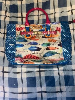 Nicole Lee Multicolor Feather Print Satchel with Pink Handles
